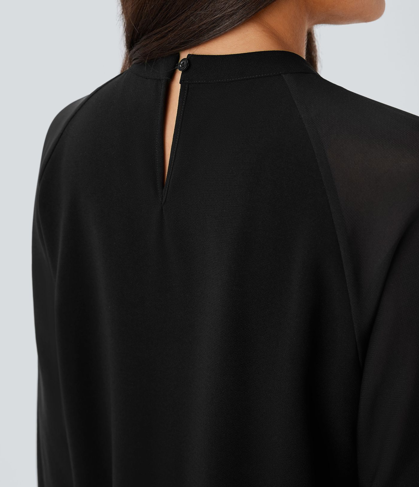 Stand Collar Keyhole Back Contrast Mesh Raglan Sleeve Work Blouse