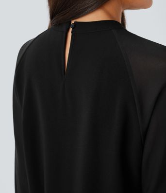 Stand Collar Keyhole Back Contrast Mesh Raglan Sleeve Work Blouse