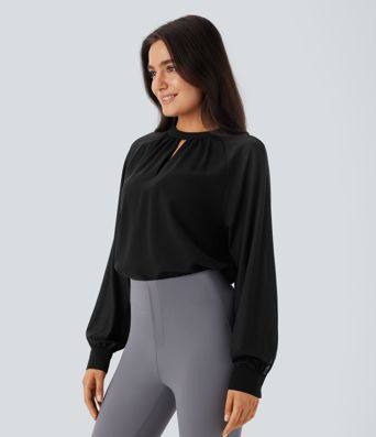 Stand Collar Keyhole Back Contrast Mesh Raglan Sleeve Work Blouse