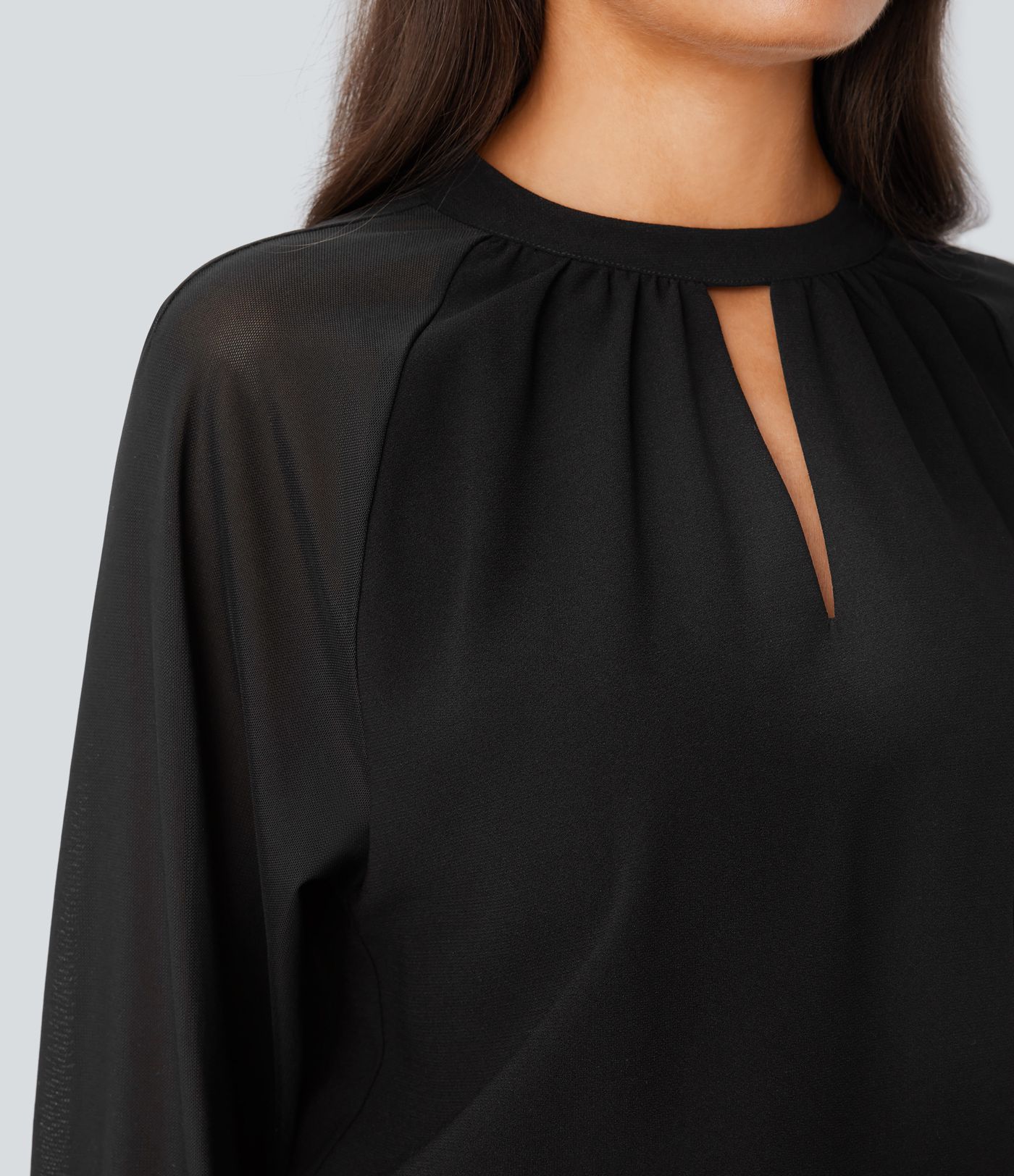 Stand Collar Keyhole Back Contrast Mesh Raglan Sleeve Work Blouse