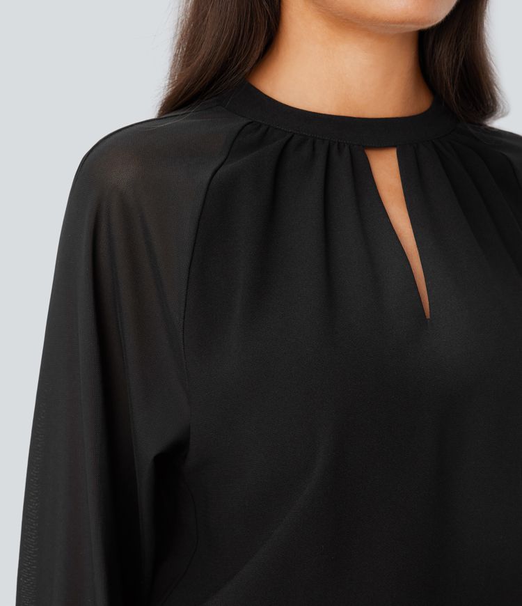 Stand Collar Keyhole Back Contrast Mesh Raglan Sleeve Work Blouse