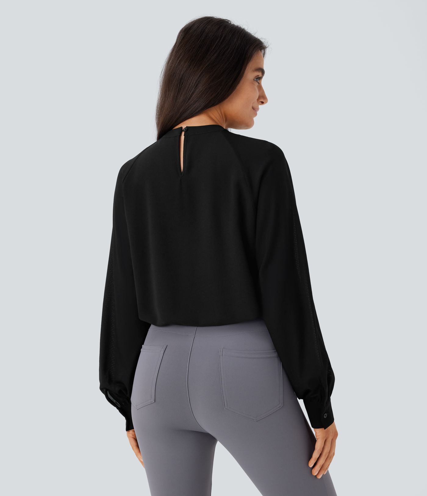 Stand Collar Keyhole Back Contrast Mesh Raglan Sleeve Work Blouse