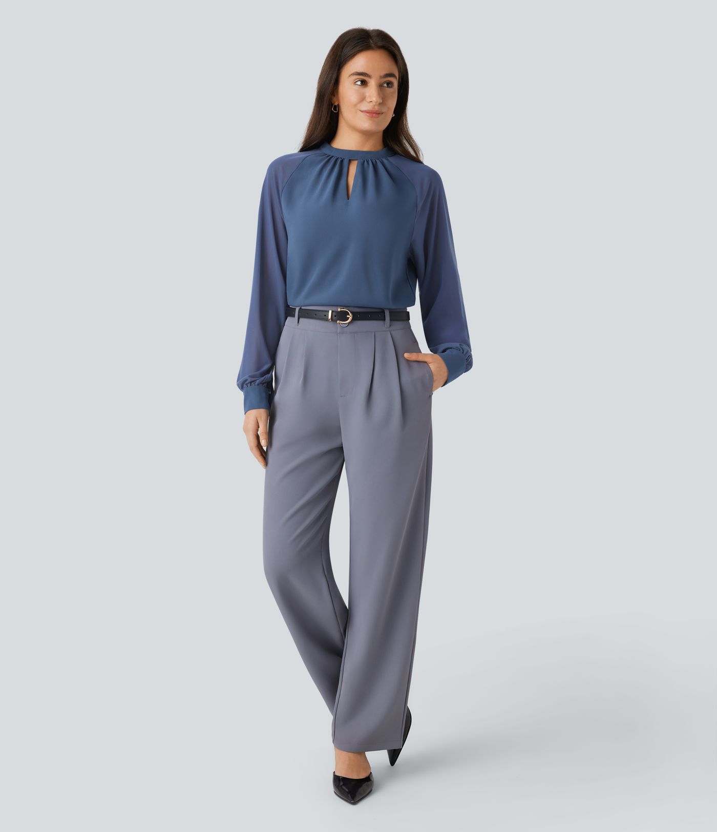 Stand Collar Keyhole Back Contrast Mesh Raglan Sleeve Work Blouse