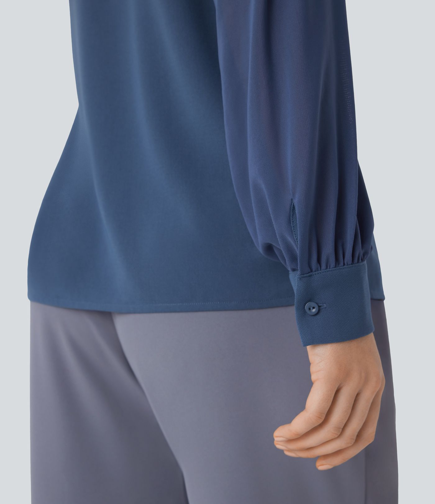 Stand Collar Keyhole Back Contrast Mesh Raglan Sleeve Work Blouse