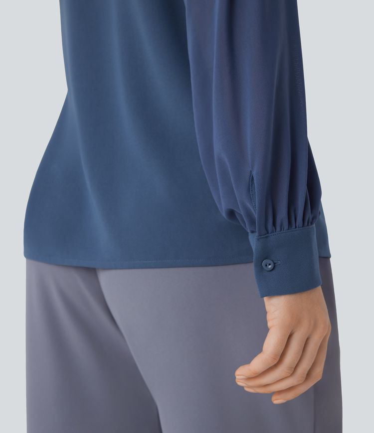 Stand Collar Keyhole Back Contrast Mesh Raglan Sleeve Work Blouse