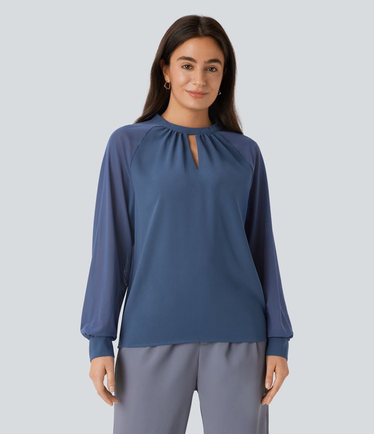 Stand Collar Keyhole Back Contrast Mesh Raglan Sleeve Work Blouse