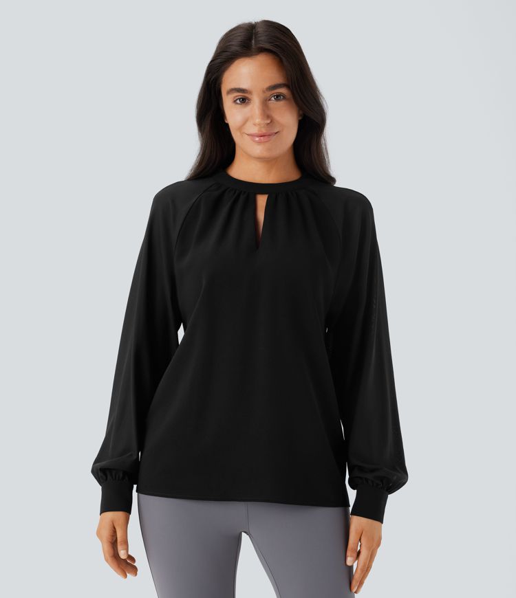 Stand Collar Keyhole Back Contrast Mesh Raglan Sleeve Work Blouse