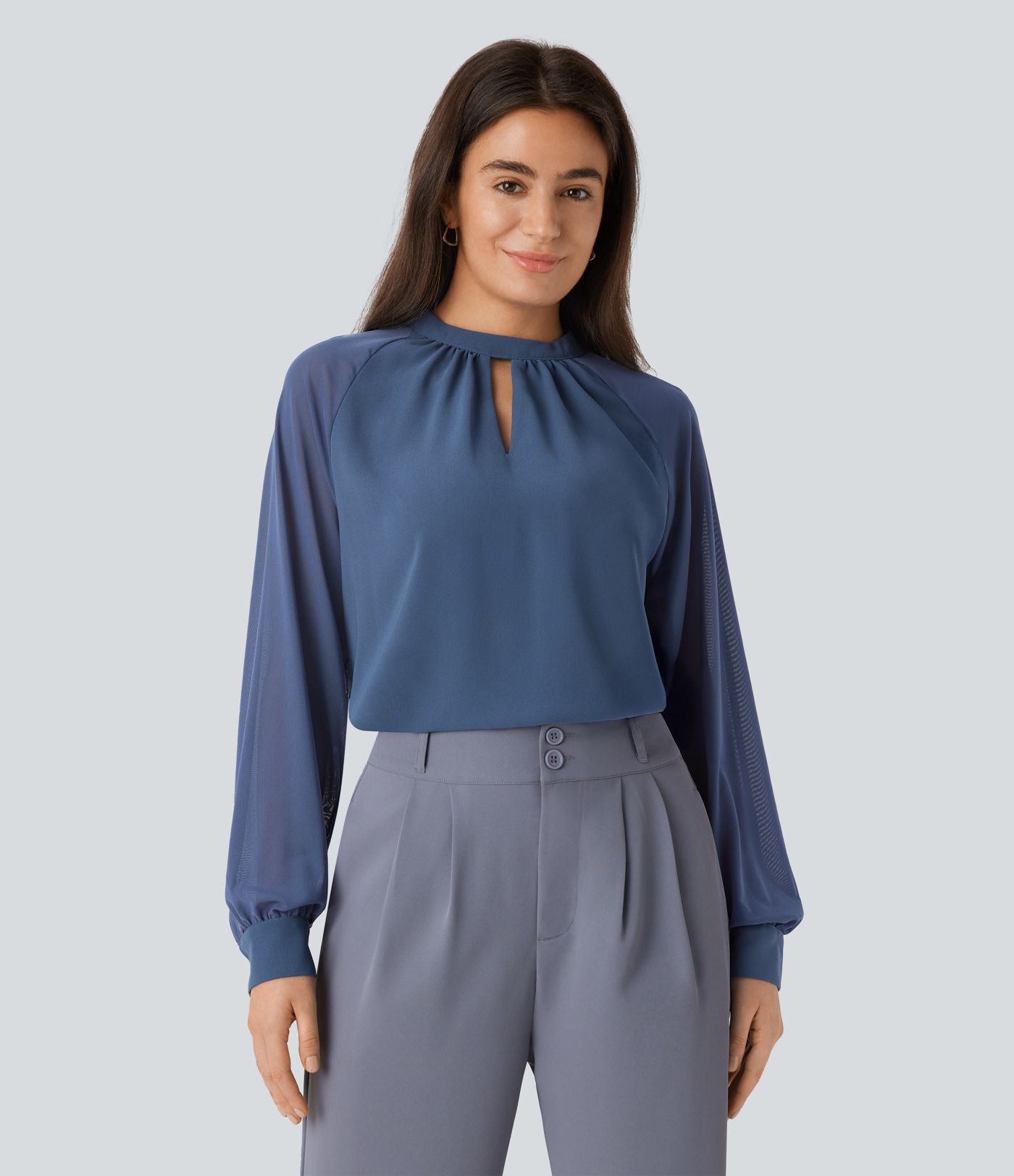 Stand Collar Keyhole Back Contrast Mesh Raglan Sleeve Work Blouse