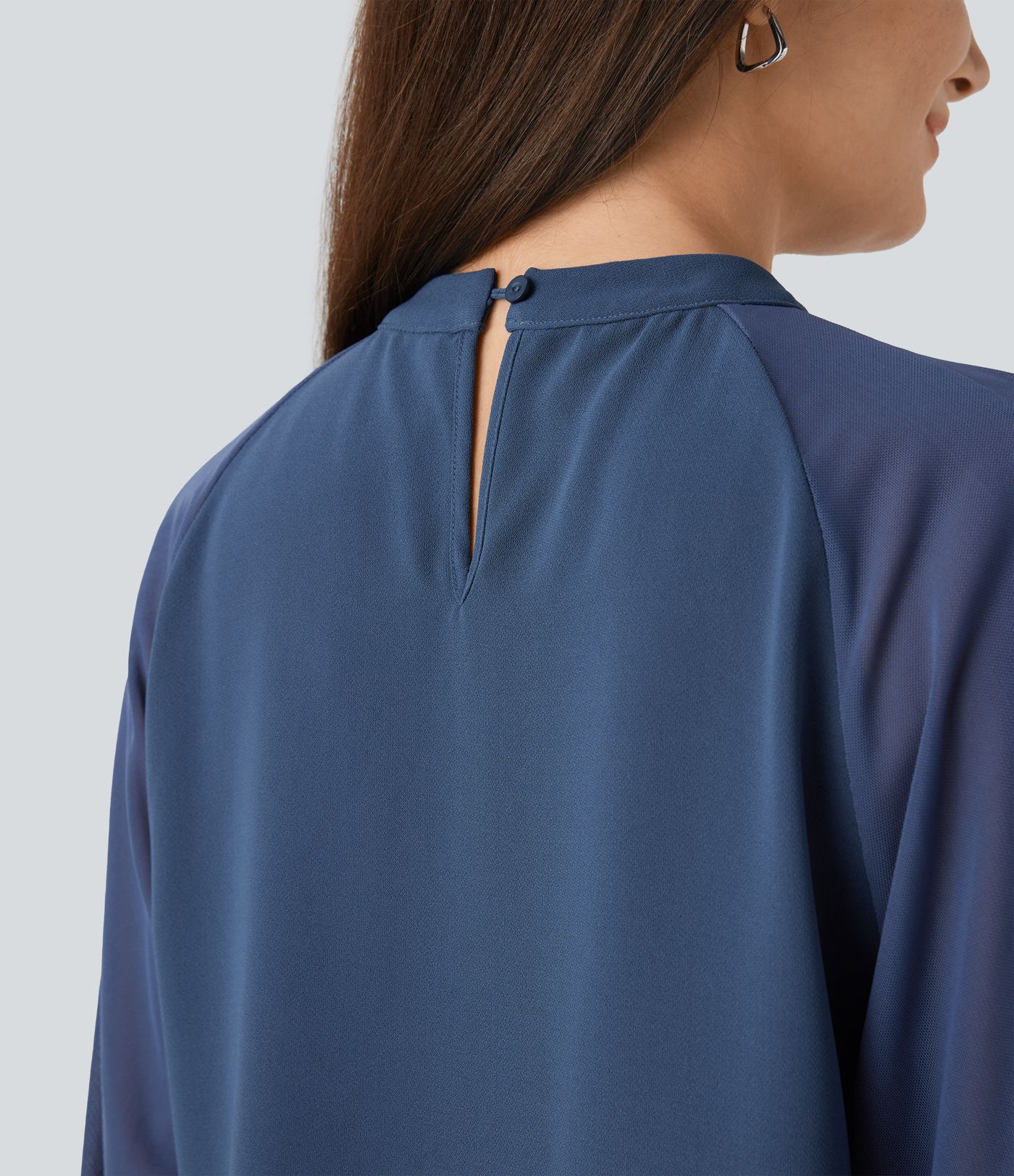 Stand Collar Keyhole Back Contrast Mesh Raglan Sleeve Work Blouse