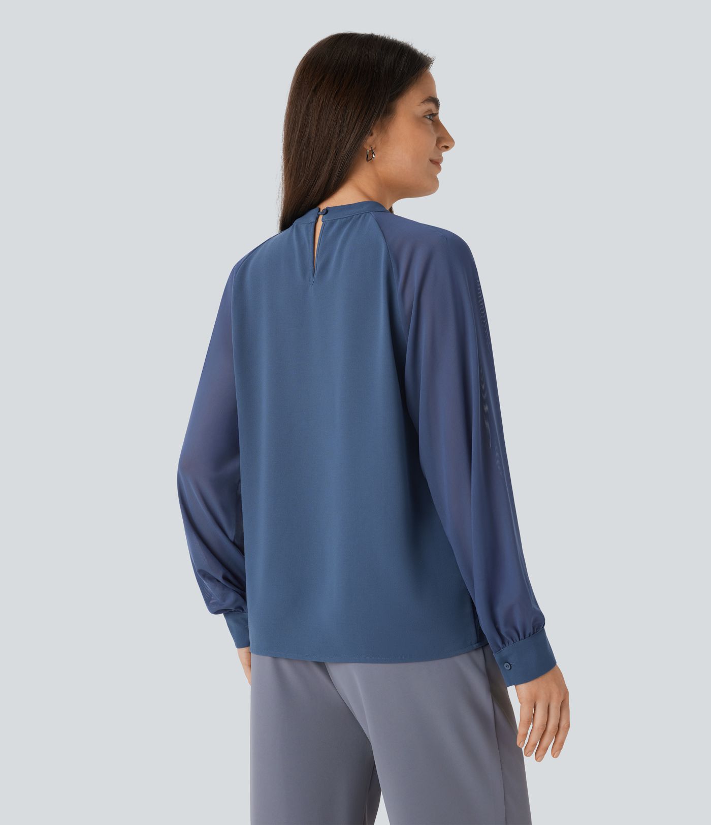 Stand Collar Keyhole Back Contrast Mesh Raglan Sleeve Work Blouse