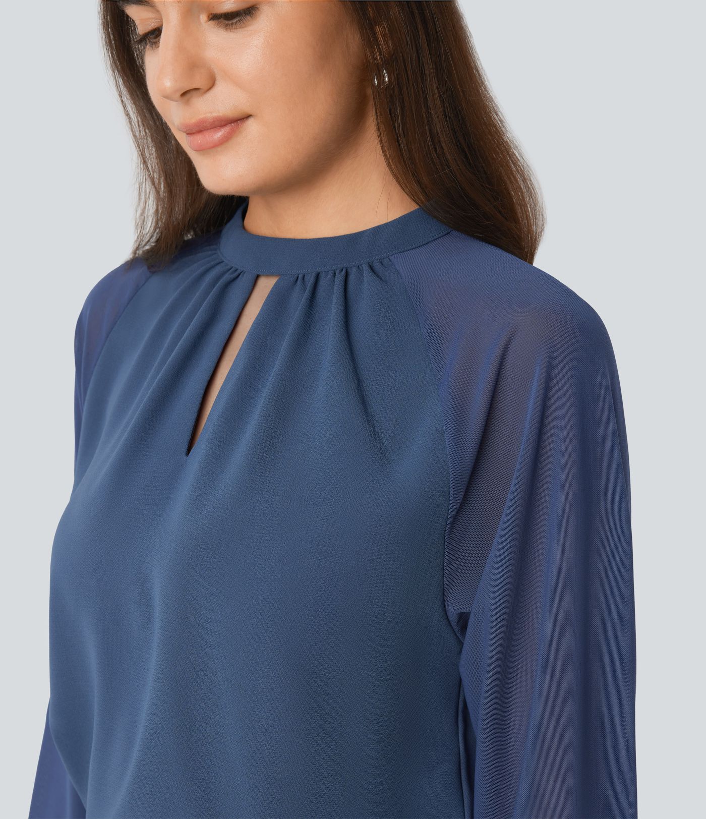 Stand Collar Keyhole Back Contrast Mesh Raglan Sleeve Work Blouse