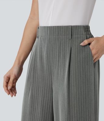 High Waisted Pocket Wide Leg Stripe Work Pants