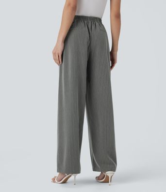 High Waisted Pocket Wide Leg Stripe Work Pants