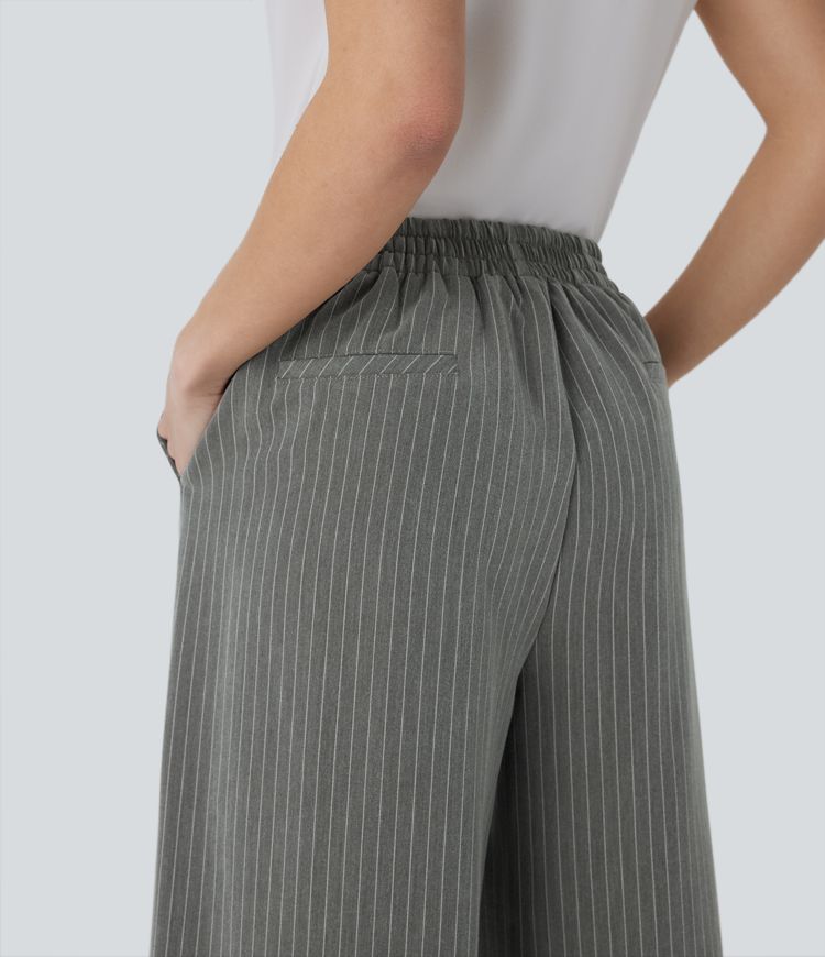 High Waisted Pocket Wide Leg Stripe Work Pants