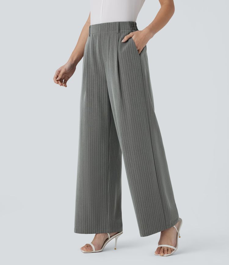 High Waisted Pocket Wide Leg Stripe Work Pants