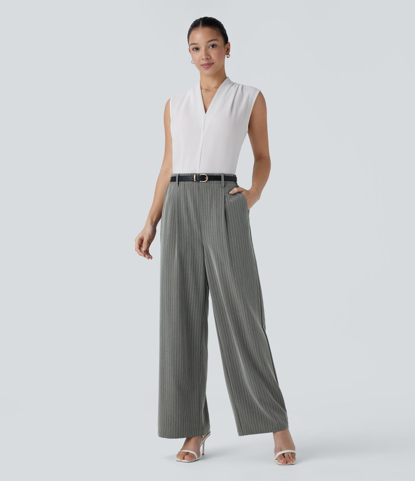 High Waisted Pocket Wide Leg Stripe Work Pants