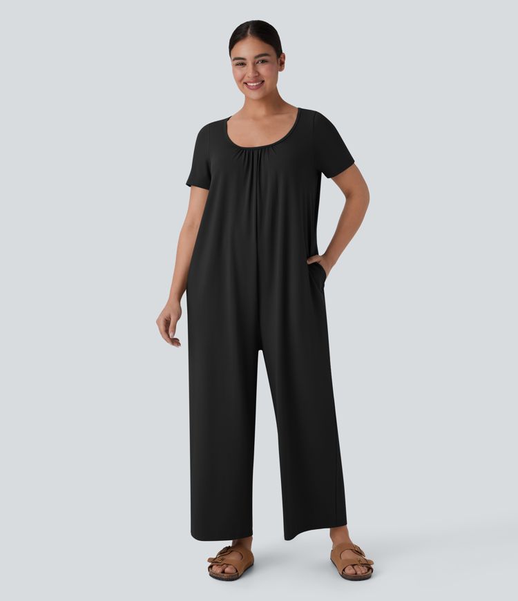 Scoop Neck Button Back Side Pocket Relax Wide Leg Casual Jumpsuit