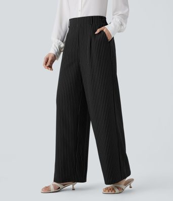 High Waisted Pocket Wide Leg Stripe Work Pants