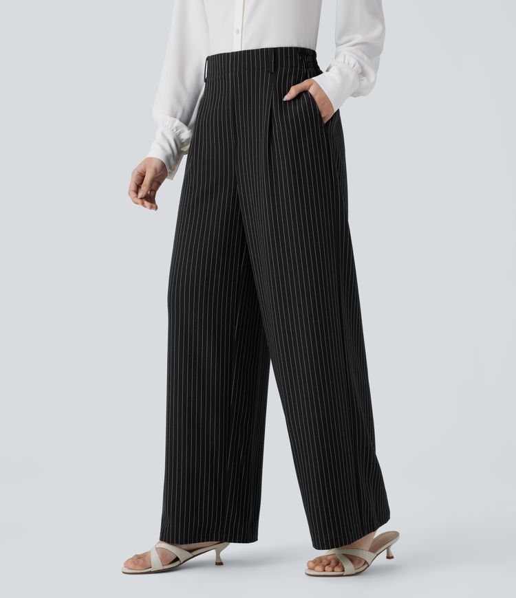 High Waisted Pocket Wide Leg Stripe Work Pants