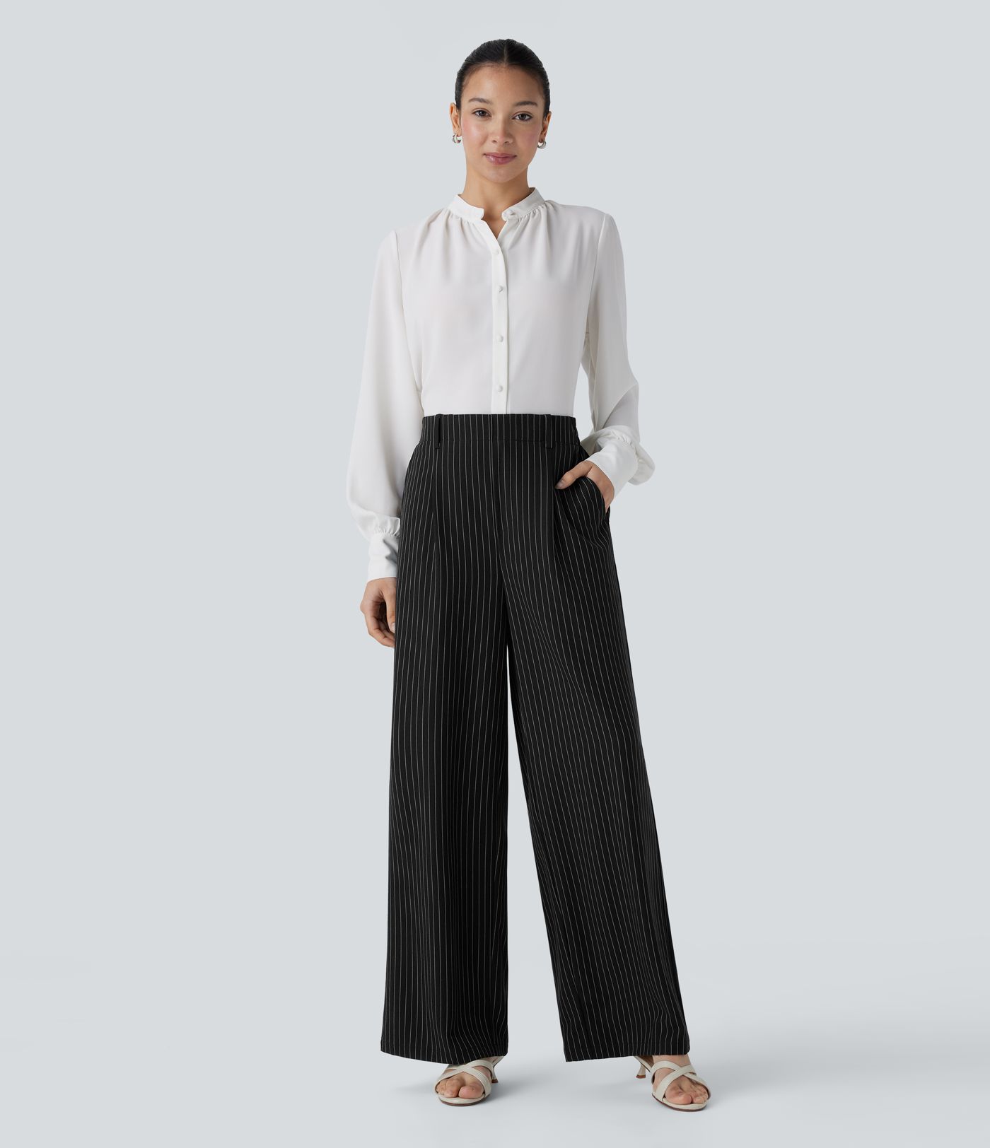 High Waisted Pocket Wide Leg Stripe Work Pants