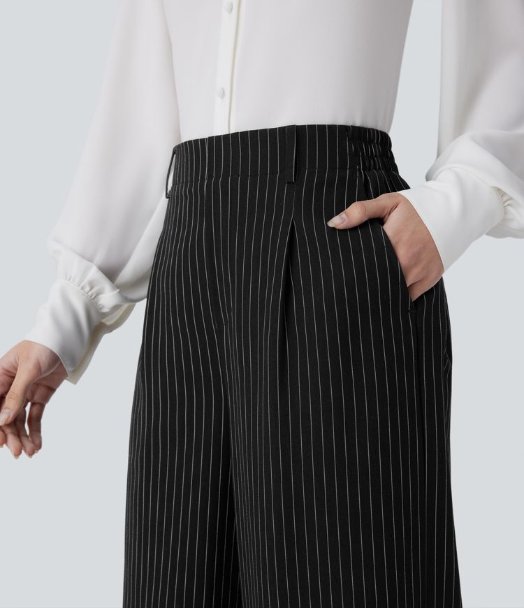 High Waisted Pocket Wide Leg Stripe Work Pants