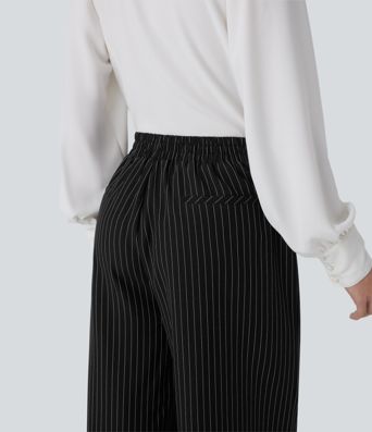 High Waisted Pocket Wide Leg Stripe Work Pants