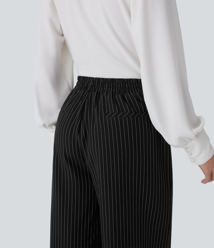 High Waisted Pocket Wide Leg Stripe Work Pants