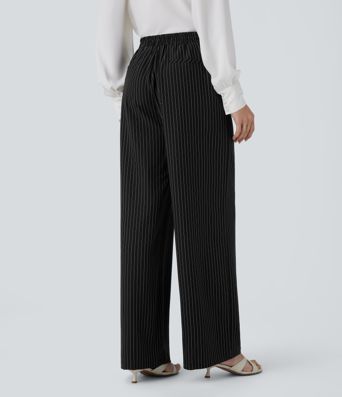 High Waisted Pocket Wide Leg Stripe Work Pants