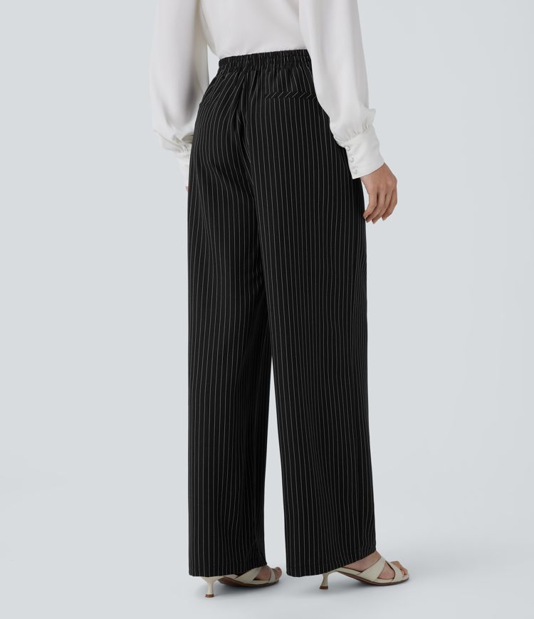 High Waisted Pocket Wide Leg Stripe Work Pants