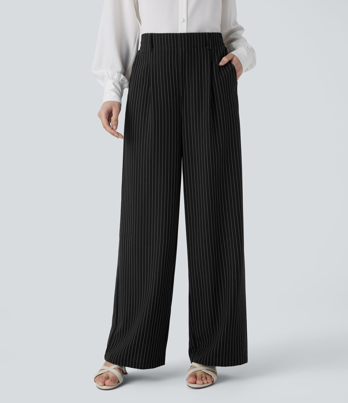 High Waisted Pocket Wide Leg Stripe Work Pants