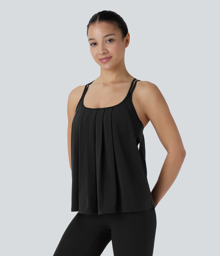 Crisscross Backless Double Straps Pleated Quick Dry Yoga Cami Top