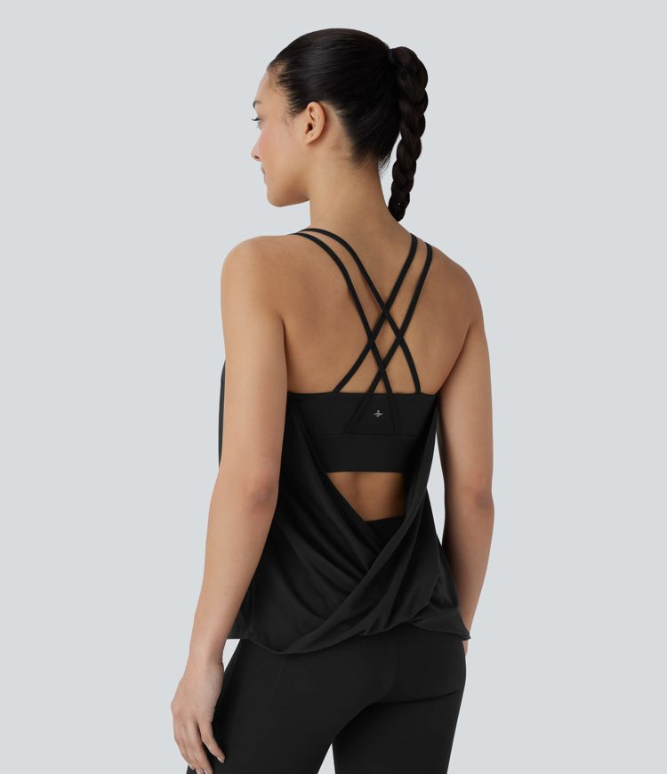 Débardeur yoga plissé à dos nu avec bretelles croisées et séchage rapide