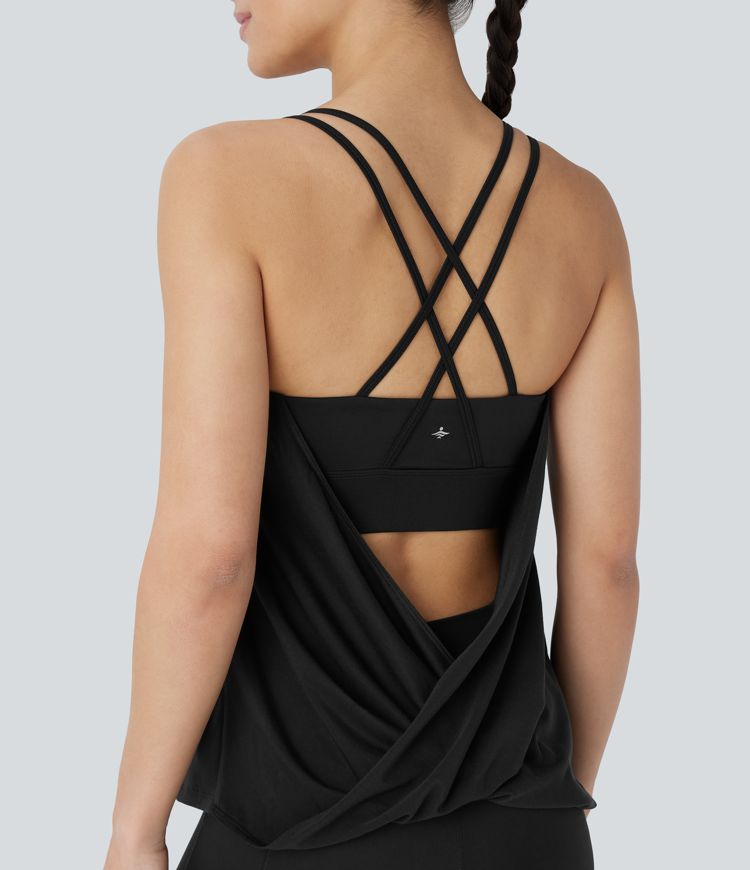 Crisscross Backless Double Straps Pleated Quick Dry Yoga Cami Top