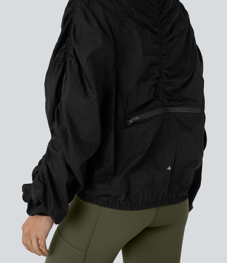 Water Repellent Lightweight Stowable Hood Ruched Sleeve Pocket Hiking Packable Jacket