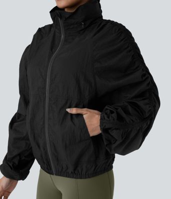 Water Repellent Lightweight Stowable Hood Ruched Sleeve Pocket Hiking Packable Jacket