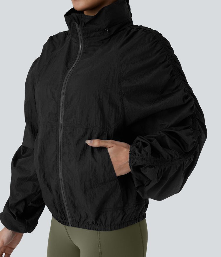 Water Repellent Lightweight Stowable Hood Ruched Sleeve Pocket Hiking Packable Jacket