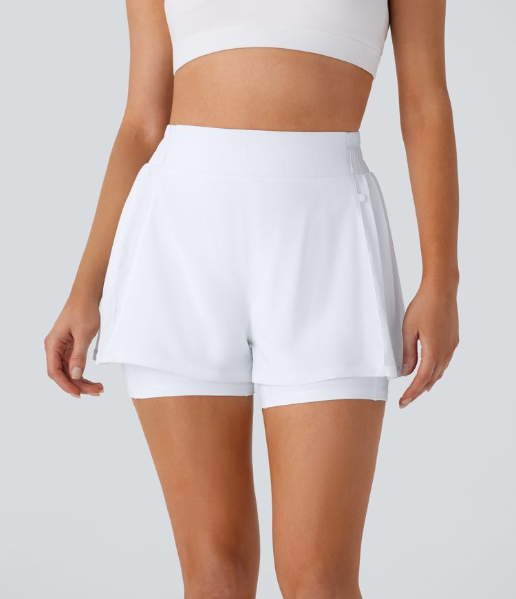 Breezeful™ High Waisted Contrast Mesh Pleated 2-in-1 Quick Dry Golf Shorts with Multiple Pockets-Golf Tee
