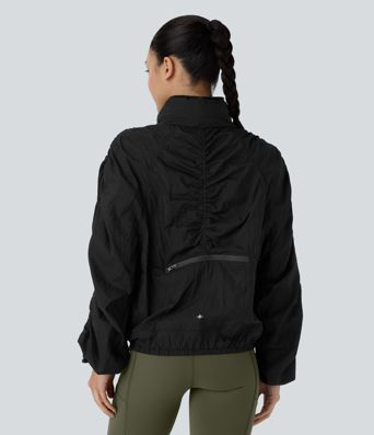 Water Repellent Lightweight Stowable Hood Ruched Sleeve Pocket Hiking Packable Jacket