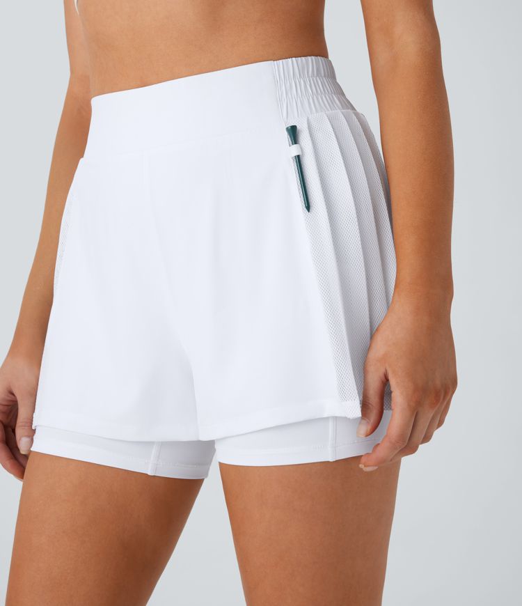 Breezeful™ High Waisted Contrast Mesh Pleated 2-in-1 Quick Dry Golf Shorts with Multiple Pockets-Golf Tee
