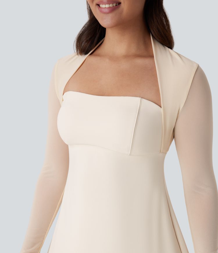 Softlyzero™ Plush Robe de danse courte 2 pièces à manches longues avec résille contrastée et poche latérale