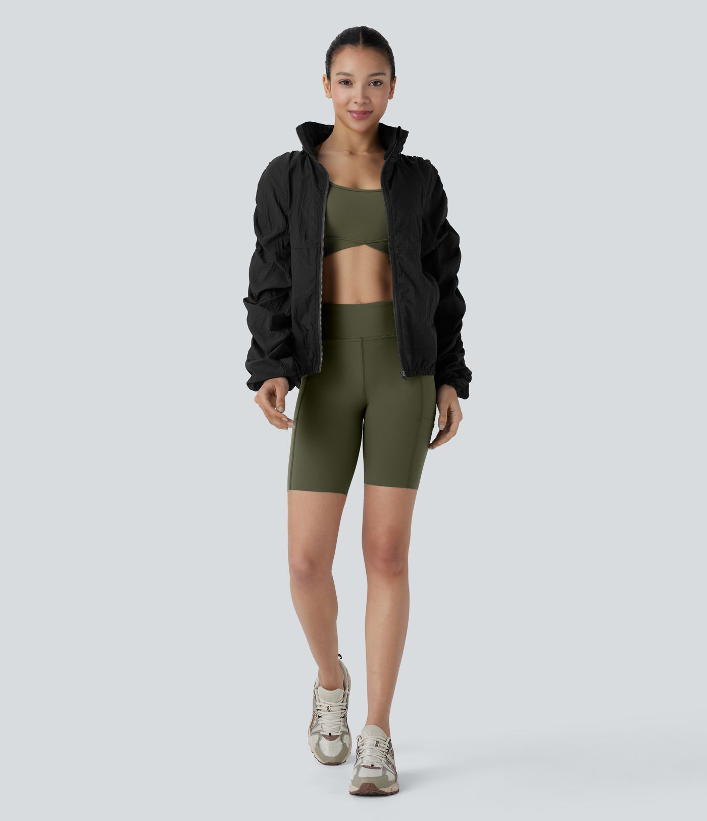 Water Repellent Lightweight Stowable Hood Ruched Sleeve Pocket Hiking Packable Jacket