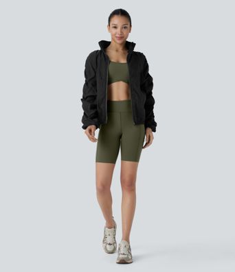 Water Repellent Lightweight Stowable Hood Ruched Sleeve Pocket Hiking Packable Jacket