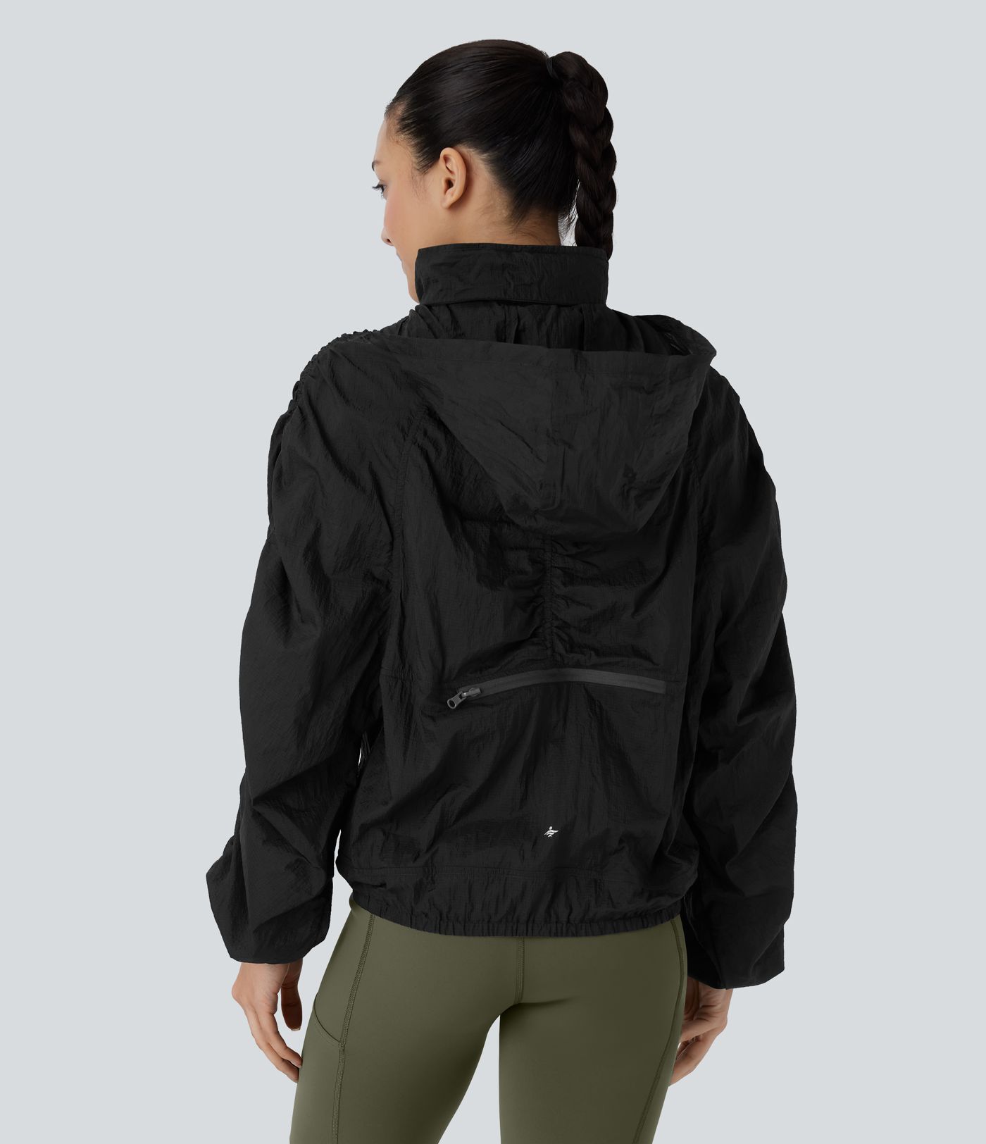 Water Repellent Lightweight Stowable Hood Ruched Sleeve Pocket Hiking Packable Jacket