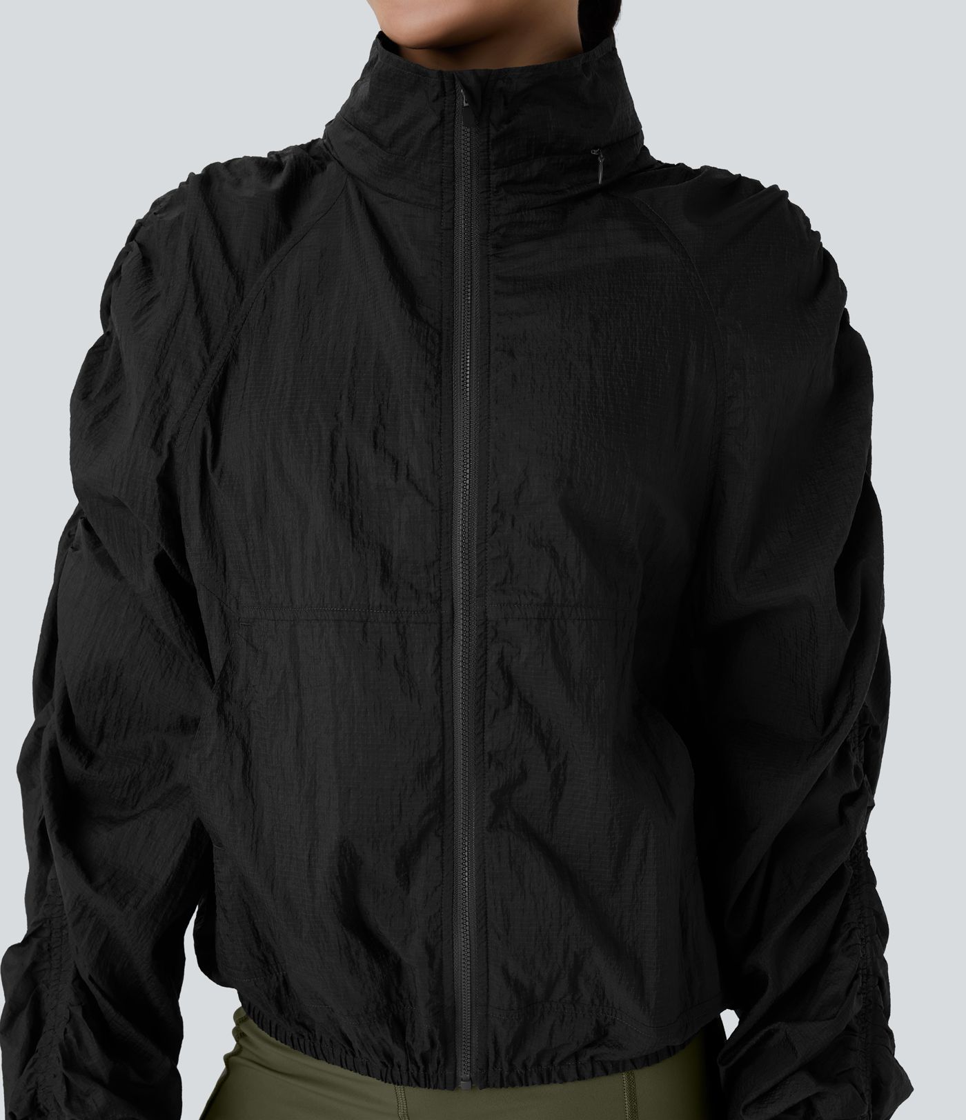 Water Repellent Lightweight Stowable Hood Ruched Sleeve Pocket Hiking Packable Jacket