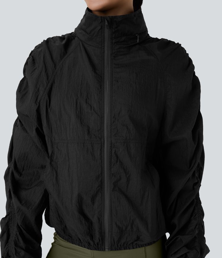 Water Repellent Lightweight Stowable Hood Ruched Sleeve Pocket Hiking Packable Jacket