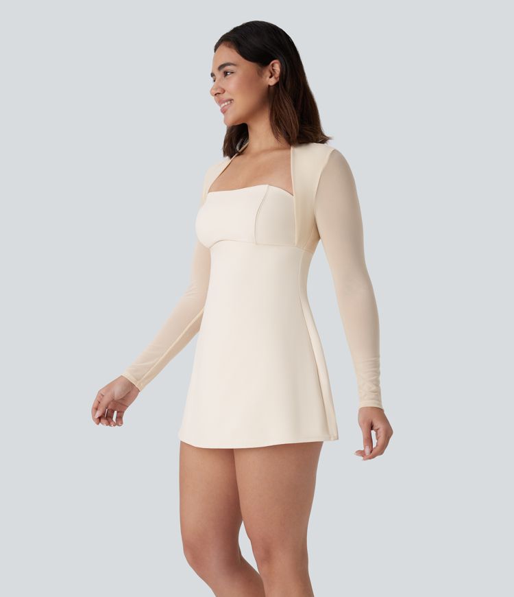 Softlyzero™ Plush Robe de danse courte 2 pièces à manches longues avec résille contrastée et poche latérale
