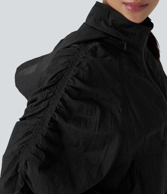 Water Repellent Lightweight Stowable Hood Ruched Sleeve Pocket Hiking Packable Jacket