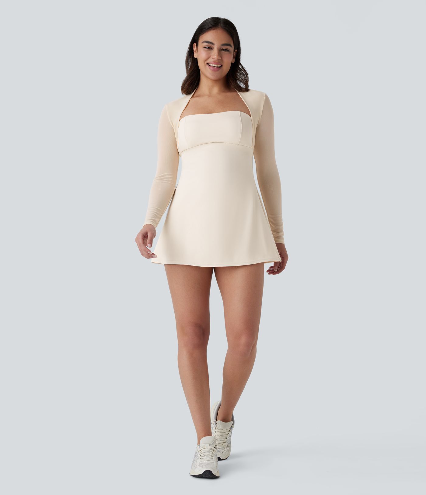 Softlyzero™ Plush Robe de danse courte 2 pièces à manches longues avec résille contrastée et poche latérale