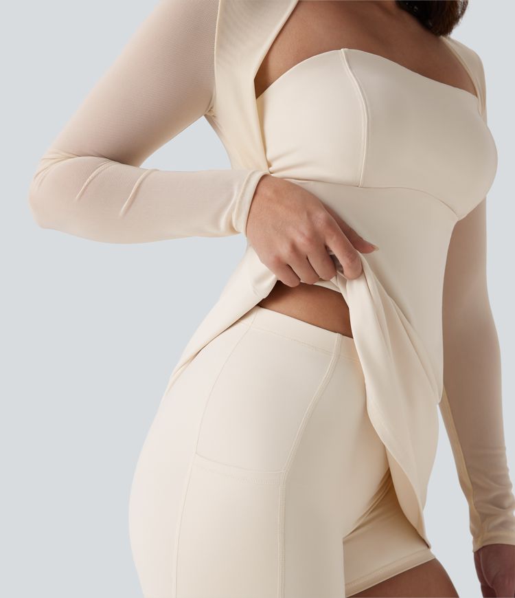 Softlyzero™ Plush Robe de danse courte 2 pièces à manches longues avec résille contrastée et poche latérale