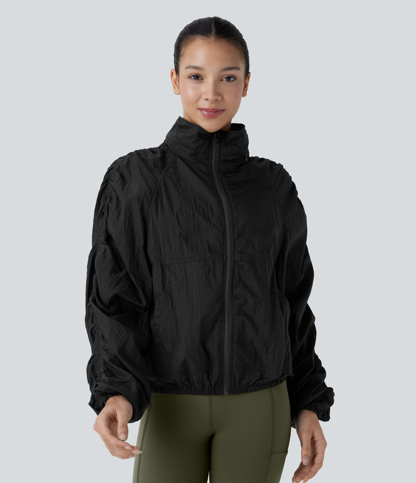 Water Repellent Lightweight Stowable Hood Ruched Sleeve Pocket Hiking Packable Jacket